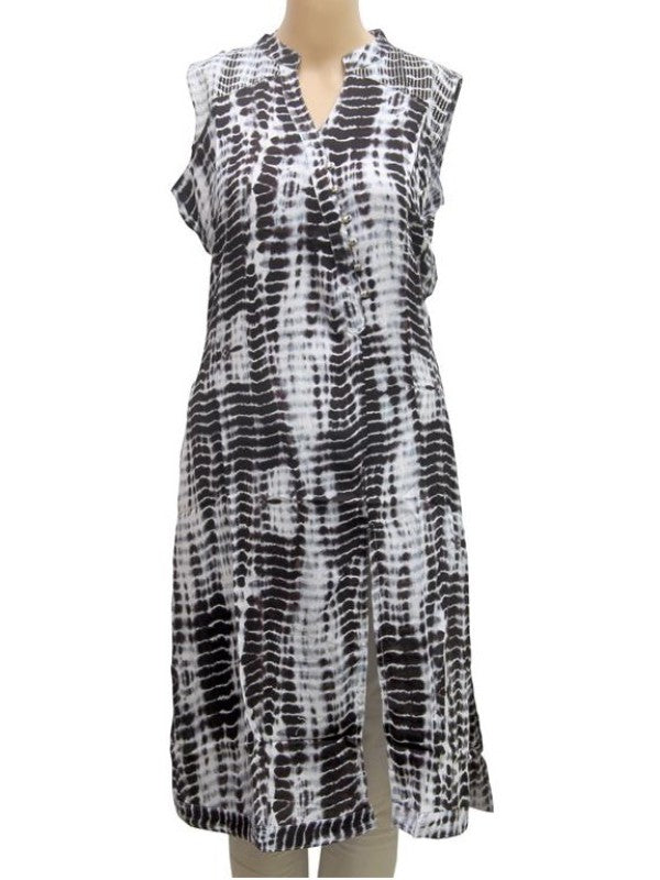 Blue Smoky Printed Front Slit Rayon Sleeveless