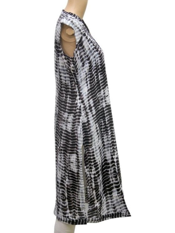 Blue Smoky Printed Front Slit Rayon Sleeveless