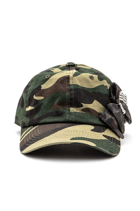 Crystal Chiffon Bow Tie Iconic Camo Cotton Cap