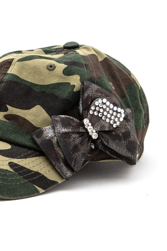 Crystal Chiffon Bow Tie Iconic Camo Cotton Cap