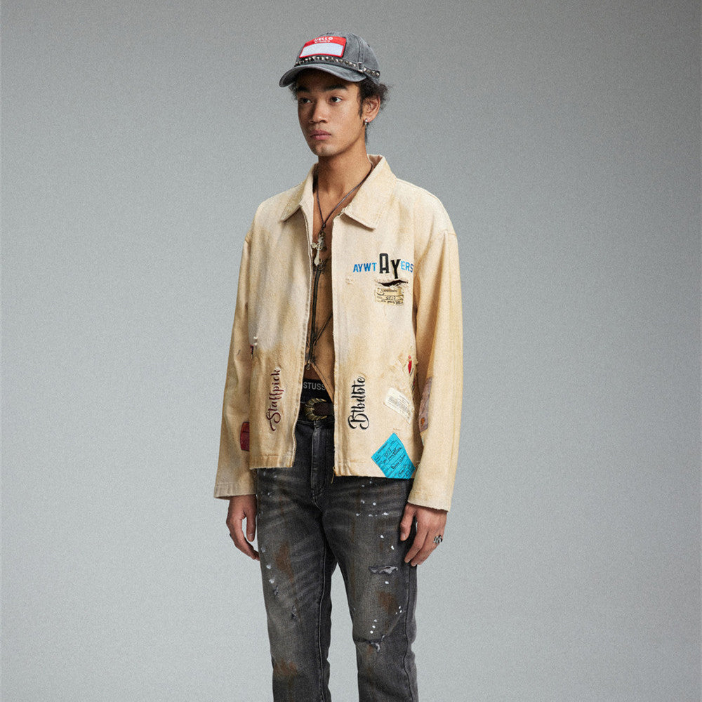 Embroidered Lapel Workwear Jacket For Men