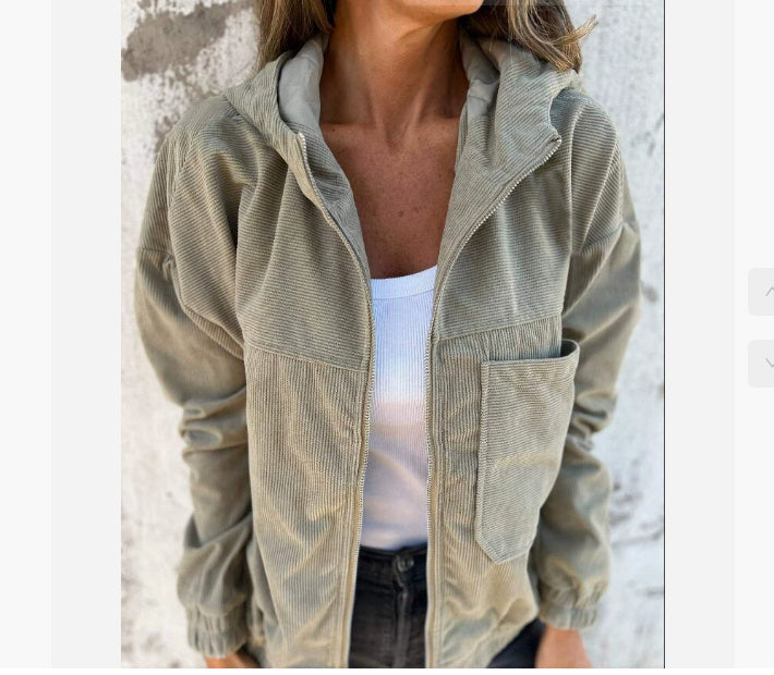 Corduroy Hooded Zip-up Jacket With Pockets Fashion Casual Drawstring