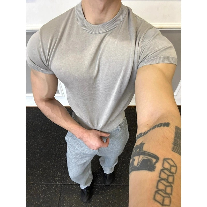 Fitness Muscle-showing Thread Cuff-closing T-shirt Knitted Slim Fit Short Sleeve Men Clothing