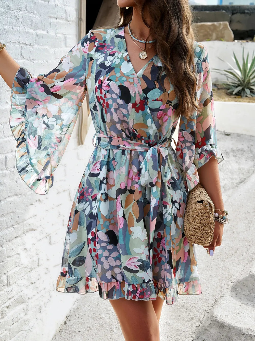 Devine Ruffled Printed Surplice Half Sleeve Mini Dress