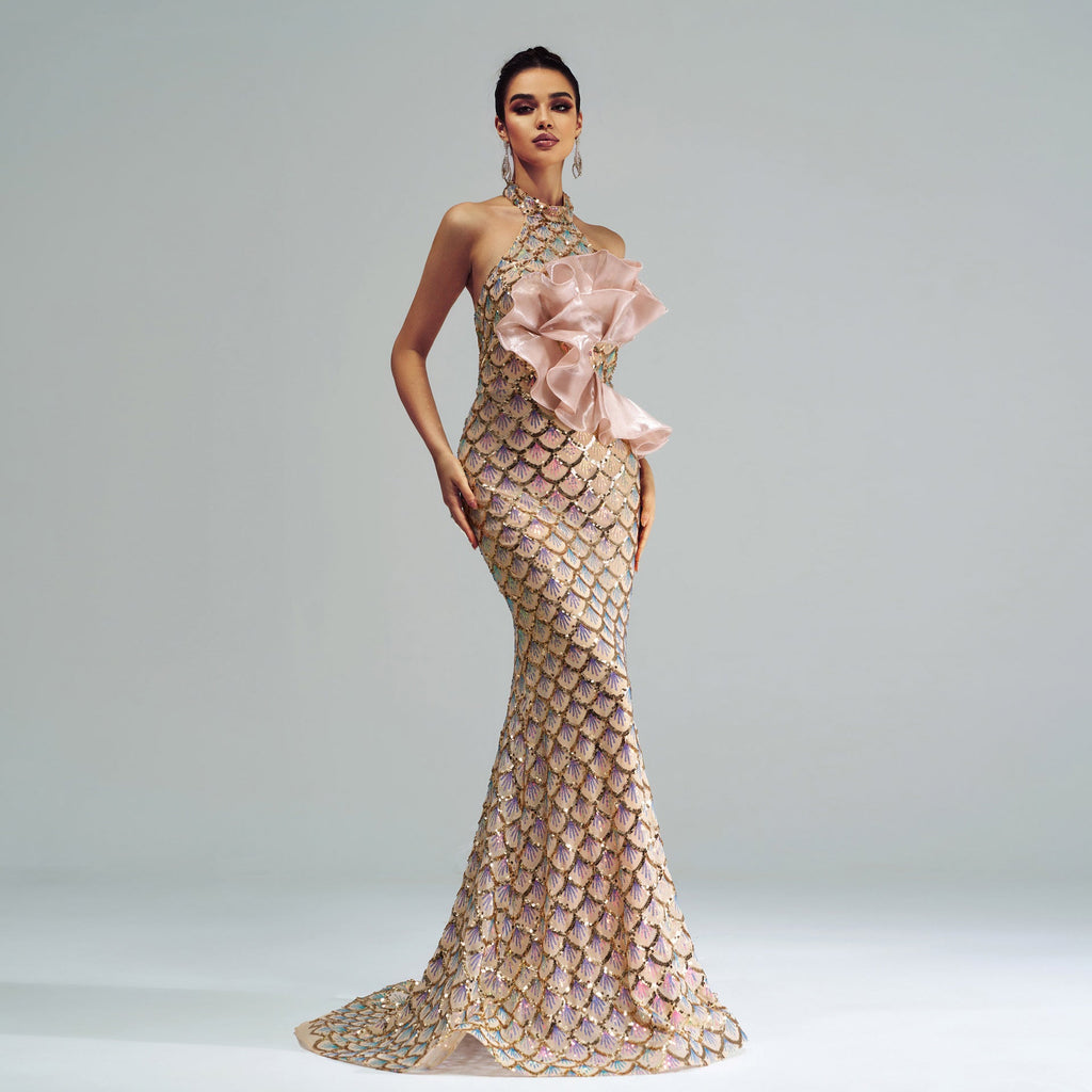 “Champagne Glam” Halter Mermaid Dress – Luxury for Elite Occasions