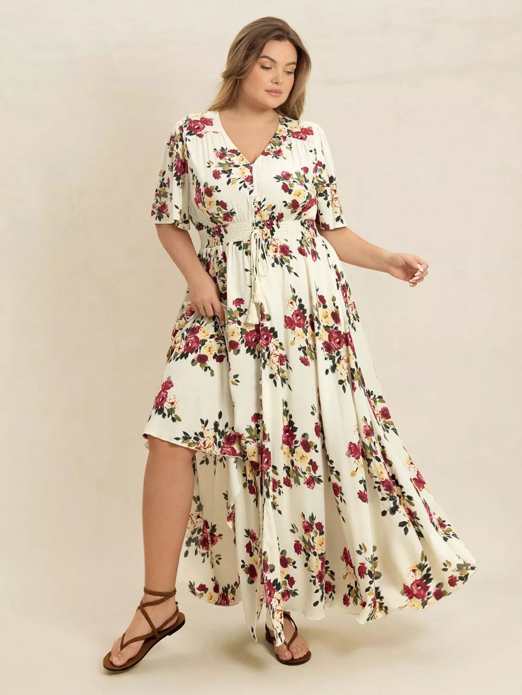 Plus Size Floral Flutter Sleeve Maxi Dress with Button Front