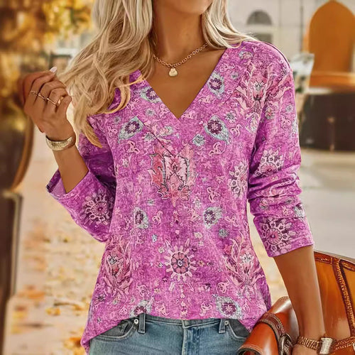 Big Size Bohemian Printed Long Sleeve T-Shirt Summer Fashion V-Neck