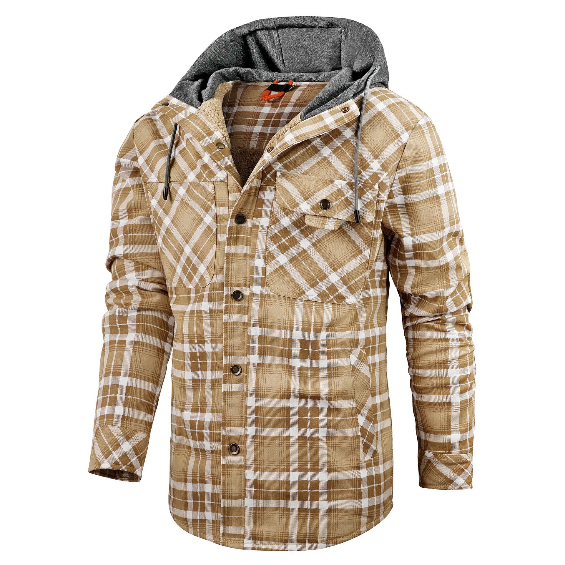 Men’s Fleece-Lined Hooded Plaid Flannel Jacket – Winter Cotton Padded
