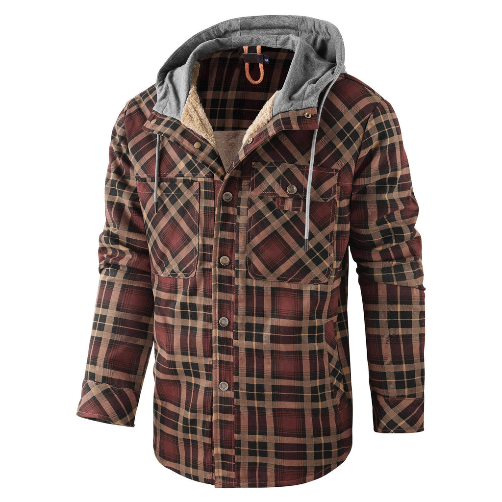 Men’s Fleece-Lined Hooded Plaid Flannel Jacket – Winter Cotton Padded