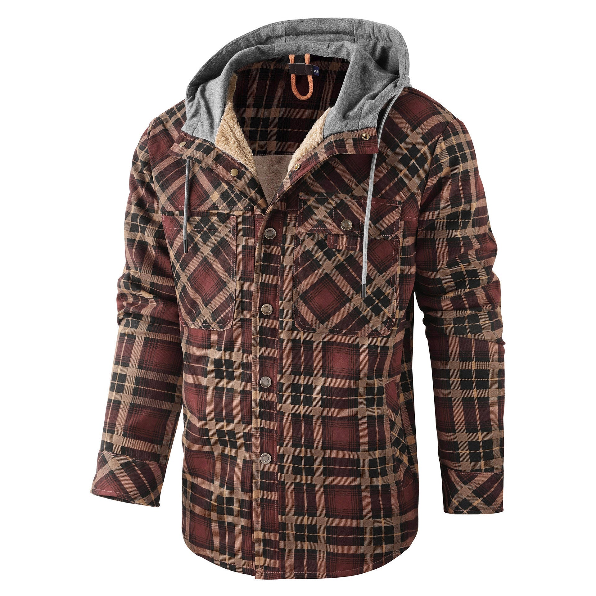 Men’s Fleece-Lined Hooded Plaid Flannel Jacket – Winter Cotton Padded