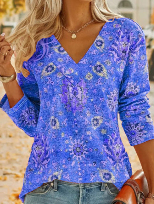 Big Size Bohemian Printed Long Sleeve T-Shirt Summer Fashion V-Neck