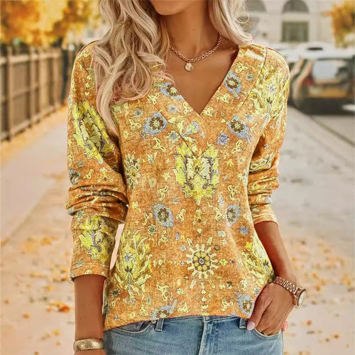 Big Size Bohemian Printed Long Sleeve T-Shirt Summer Fashion V-Neck