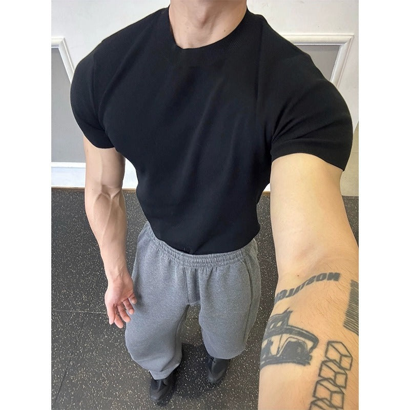 Fitness Muscle-showing Thread Cuff-closing T-shirt Knitted Slim Fit Short Sleeve Men Clothing