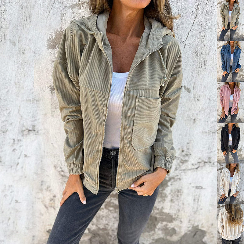 Corduroy Hooded Zip-up Jacket With Pockets Fashion Casual Drawstring