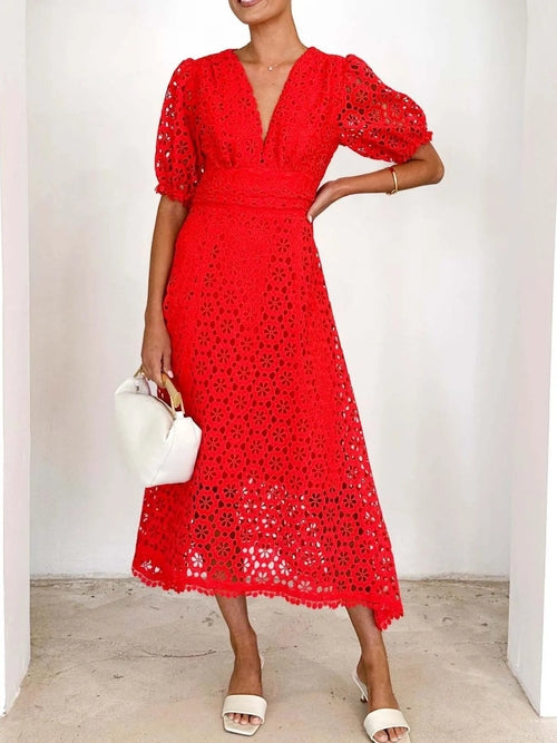 Eyelet Lace V-Neck Midi Dress with Puff Sleeves