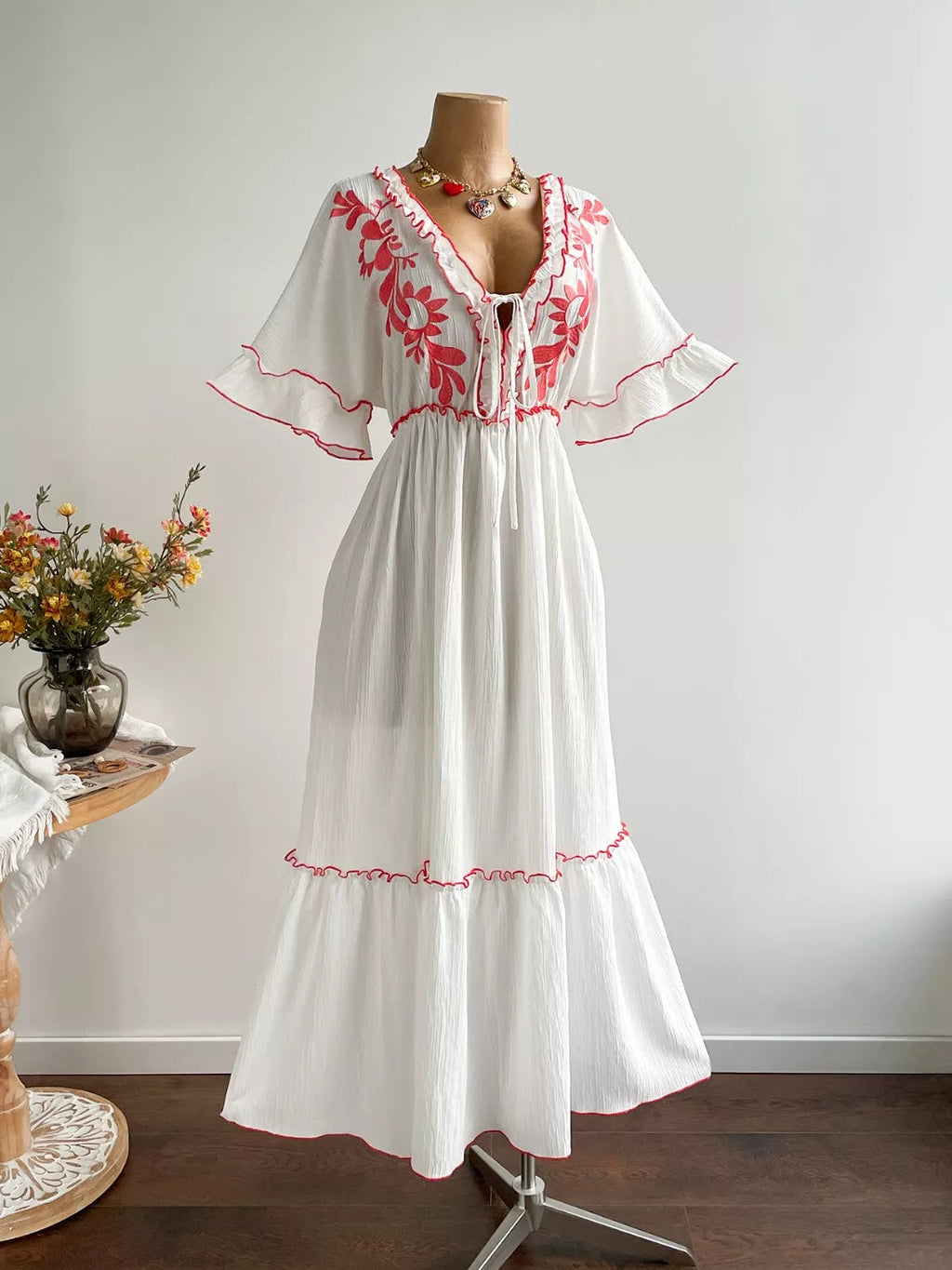 Plus Size Front Tie Maxi Dress with Floral Embroidered