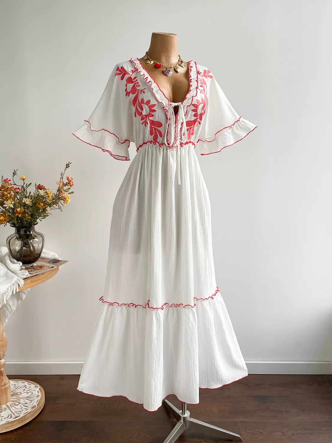 Plus Size Front Tie Maxi Dress with Floral Embroidered