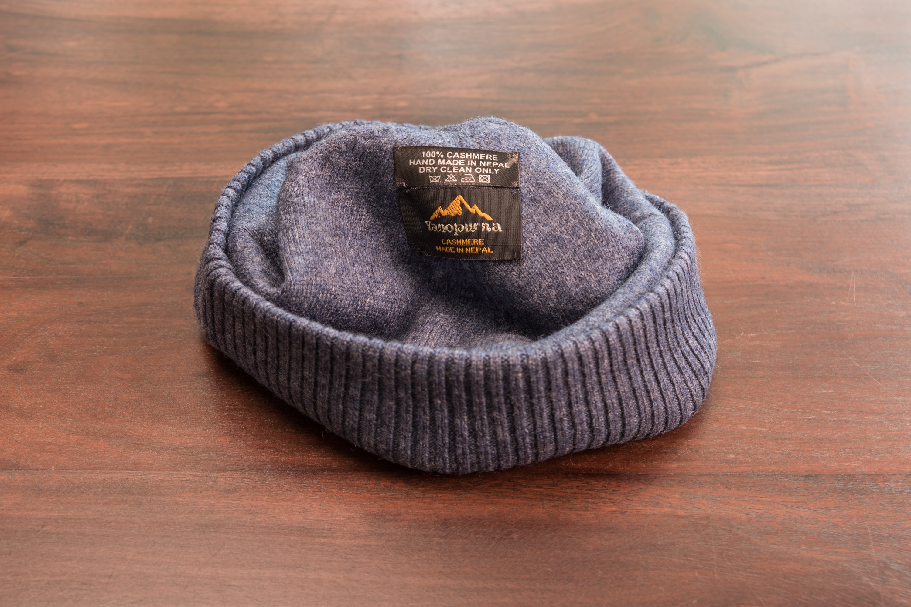 Kaschmirmütze Beanie glatt mit geripptem Umschlag Dunkelblau