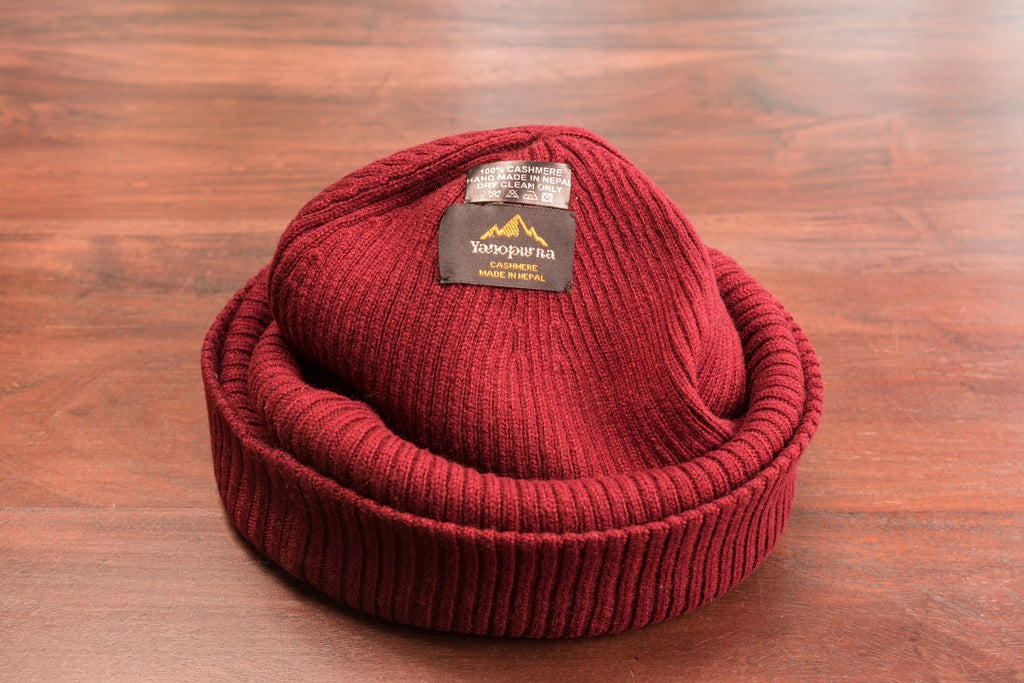 Kaschmirmütze Beanie gerippt mit Umschlag - Dunkelrot