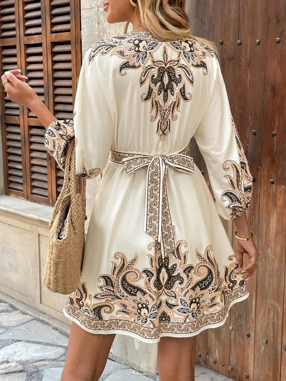 Paisley V-Neck 3/4 Sleeve Mini Dress