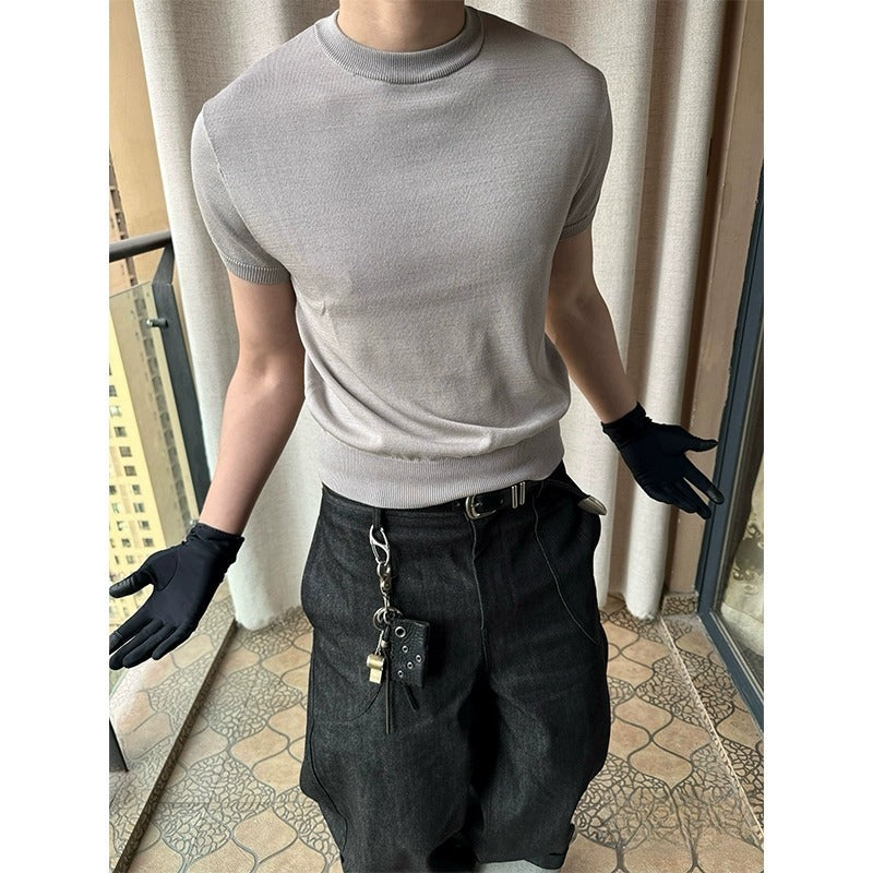 Fitness Muscle-showing Thread Cuff-closing T-shirt Knitted Slim Fit Short Sleeve Men Clothing
