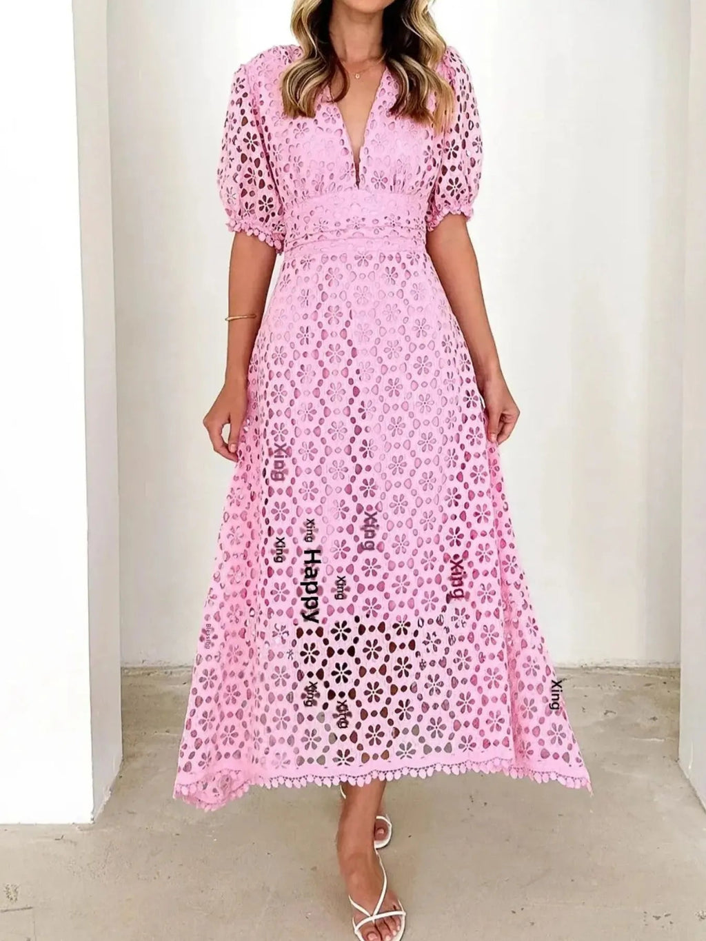 Eyelet Lace V-Neck Midi Dress with Puff Sleeves
