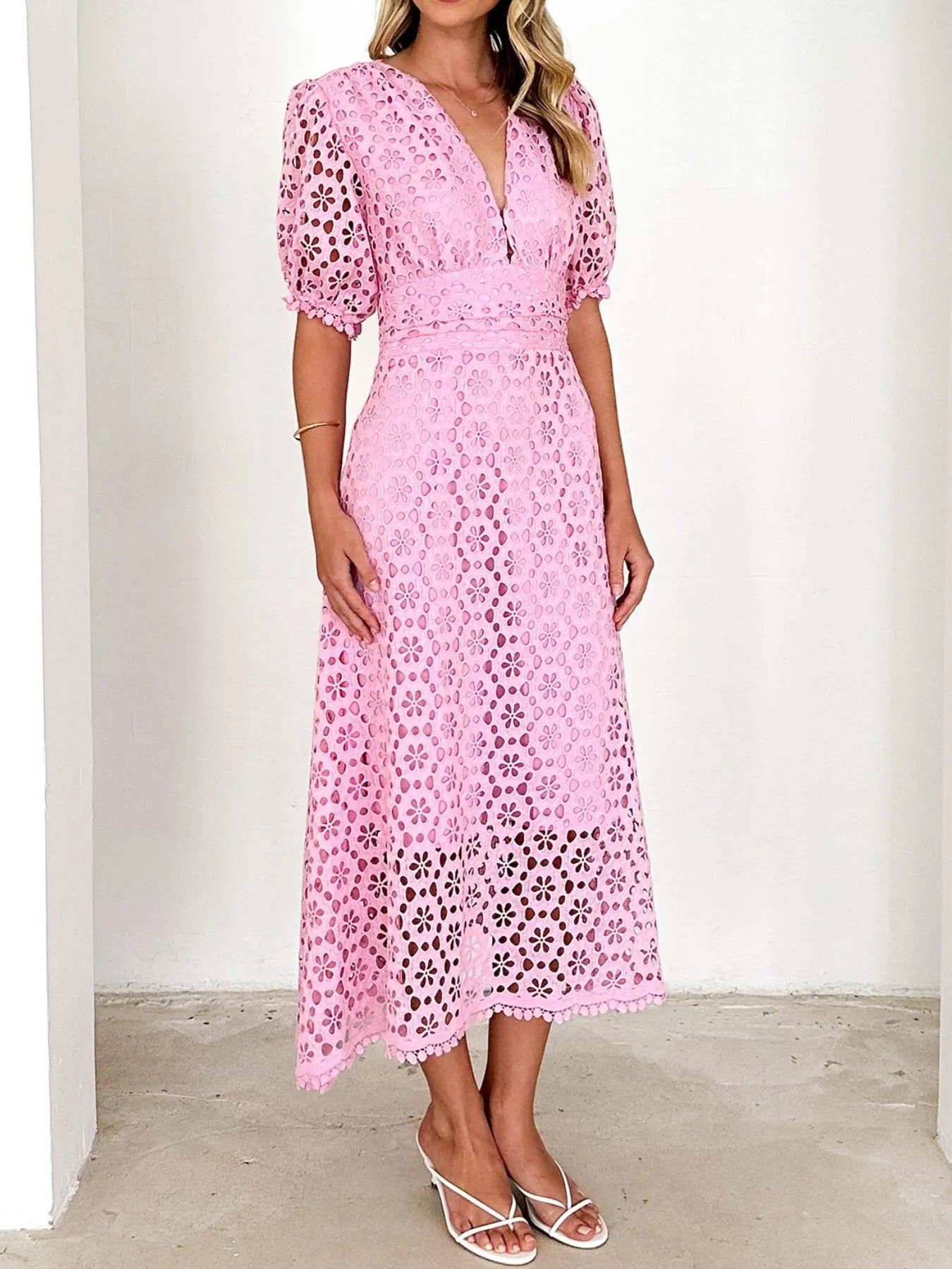 Eyelet Lace V-Neck Midi Dress with Puff Sleeves
