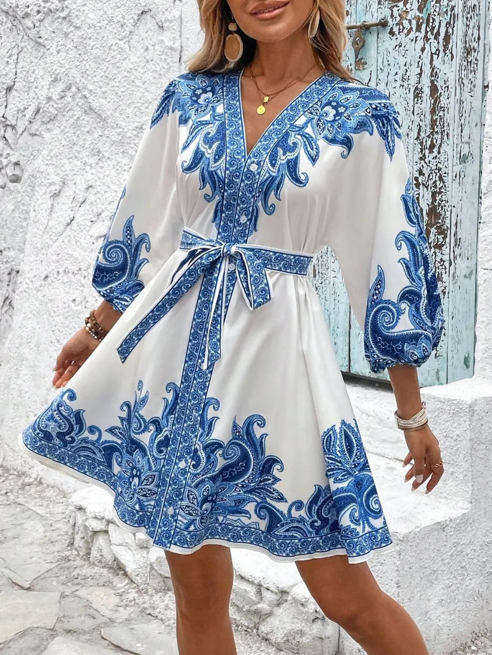 Paisley V-Neck 3/4 Sleeve Mini Dress