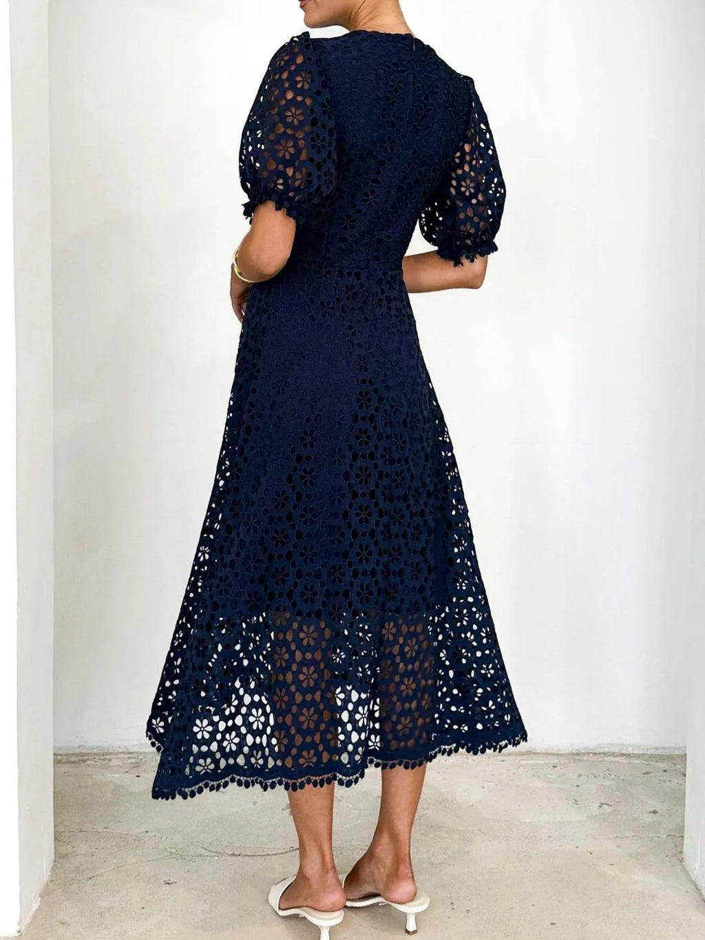Eyelet Lace V-Neck Midi Dress with Puff Sleeves