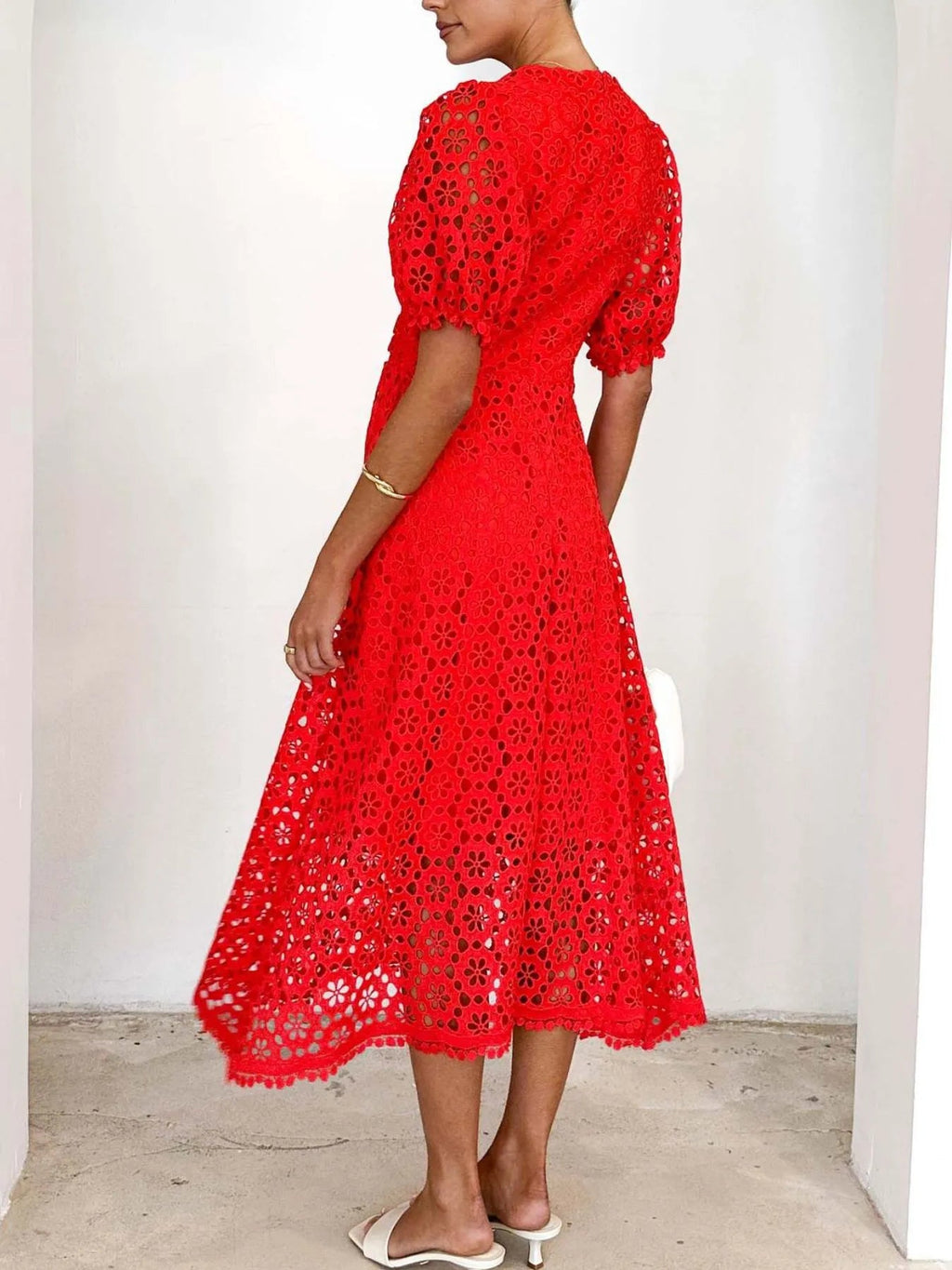 Eyelet Lace V-Neck Midi Dress with Puff Sleeves