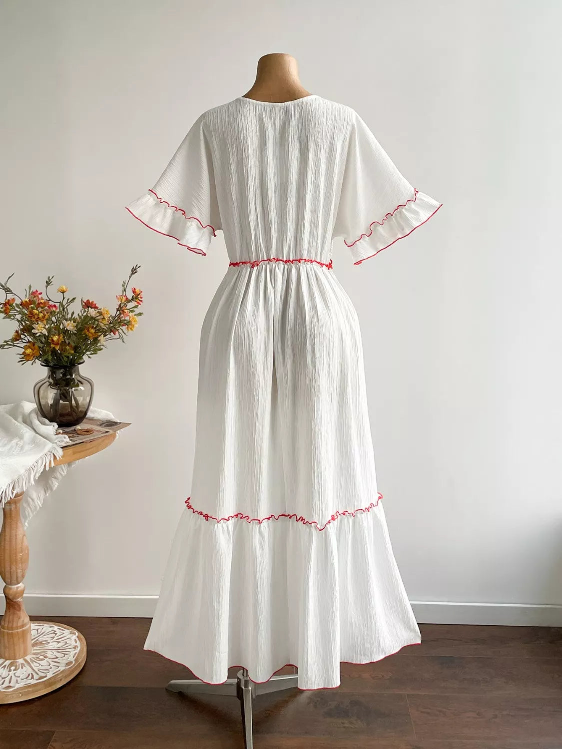 Plus Size Front Tie Maxi Dress with Floral Embroidered