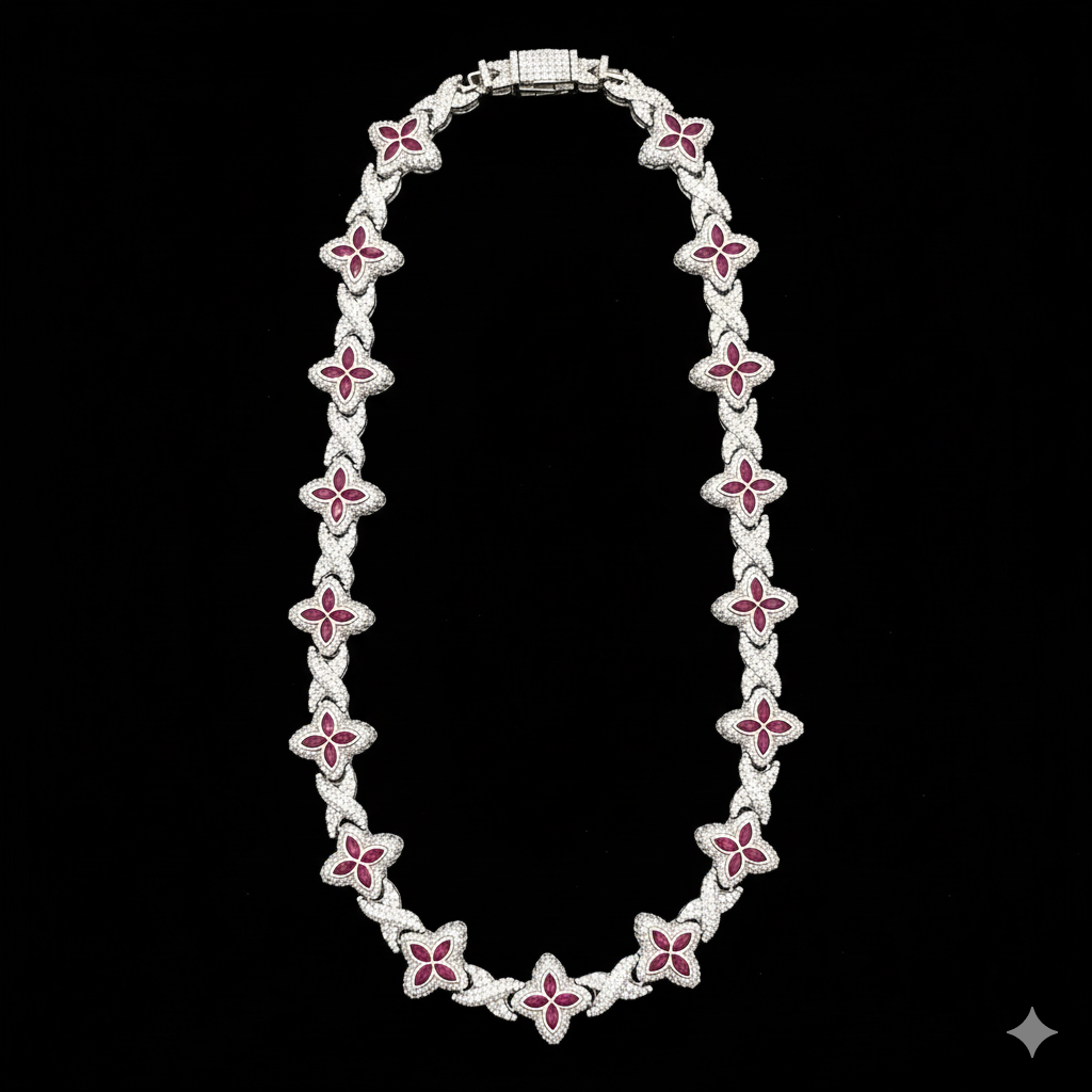 998801 | 925 Silver Moissanite Red Clove Rhodium Chain