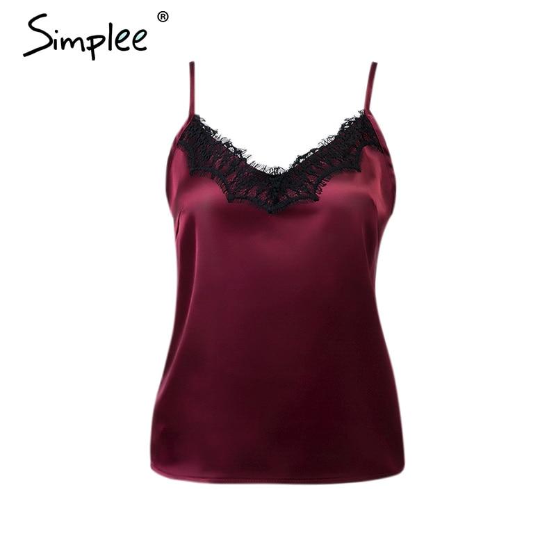 Women Sexy Solid Lace Satin Elegant V-neck Cami