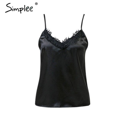 Women Sexy Solid Lace Satin Elegant V-neck Cami