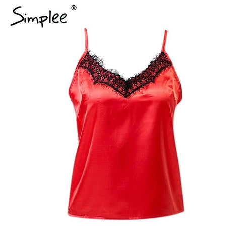 Women Sexy Solid Lace Satin Elegant V-neck Cami
