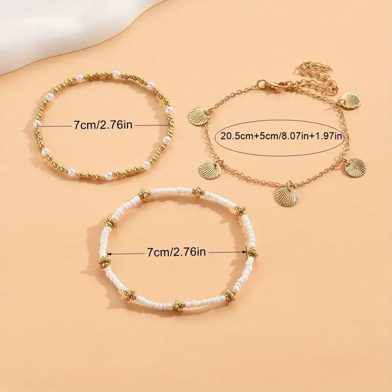 3pcs Retro Pearl Beads Anklet for Women Fashion Handmade Shell