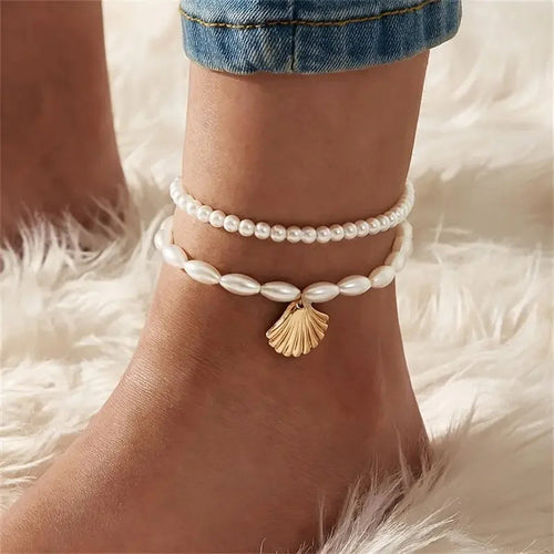 3pcs Retro Pearl Beads Anklet for Women Fashion Handmade Shell