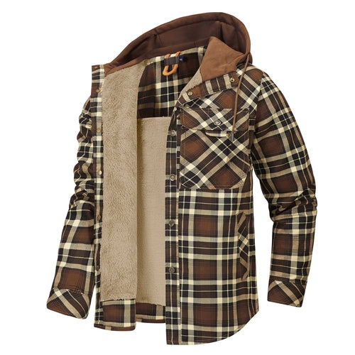 Men’s Fleece-Lined Hooded Plaid Flannel Jacket – Winter Cotton Padded