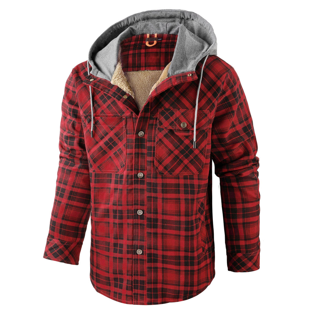 Men’s Fleece-Lined Hooded Plaid Flannel Jacket – Winter Cotton Padded