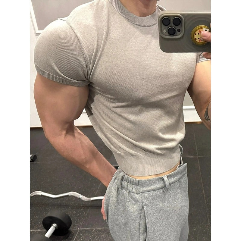 Fitness Muscle-showing Thread Cuff-closing T-shirt Knitted Slim Fit Short Sleeve Men Clothing