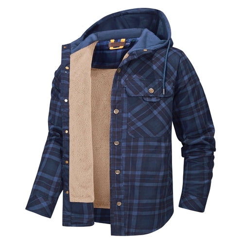 Men’s Fleece-Lined Hooded Plaid Flannel Jacket – Winter Cotton Padded