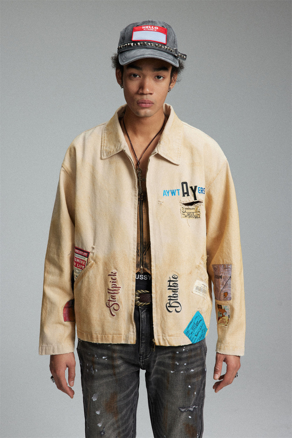 Embroidered Lapel Workwear Jacket For Men