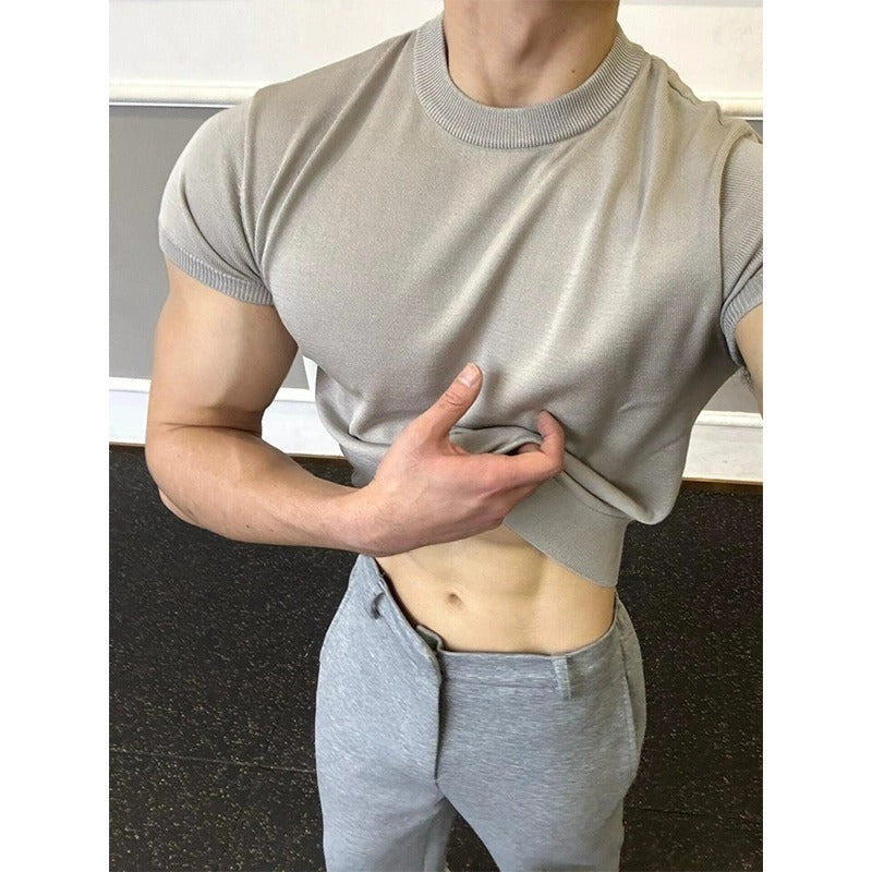 Fitness Muscle-showing Thread Cuff-closing T-shirt Knitted Slim Fit Short Sleeve Men Clothing