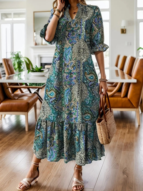 Full Size Bohemian Paisley Print Ruffle Hem Midi Dress Plus Size