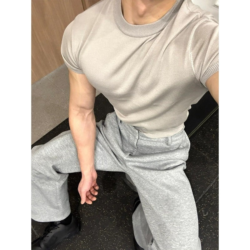 Fitness Muscle-showing Thread Cuff-closing T-shirt Knitted Slim Fit Short Sleeve Men Clothing
