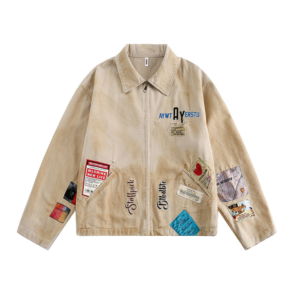 Embroidered Lapel Workwear Jacket For Men