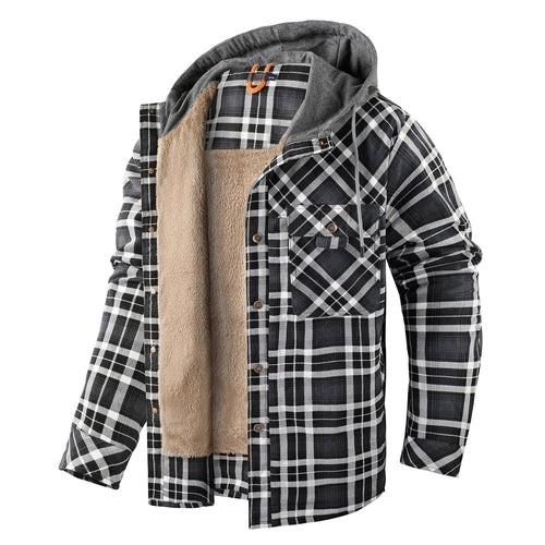 Men’s Fleece-Lined Hooded Plaid Flannel Jacket – Winter Cotton Padded