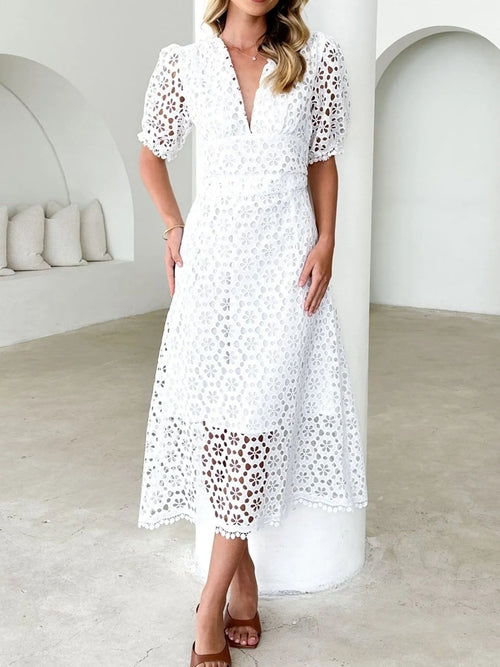 Eyelet Lace V-Neck Midi Dress with Puff Sleeves