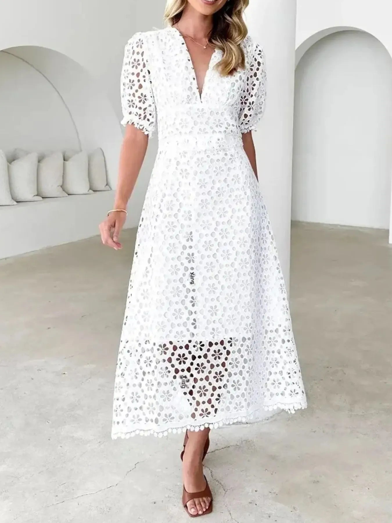 Eyelet Lace V-Neck Midi Dress with Puff Sleeves