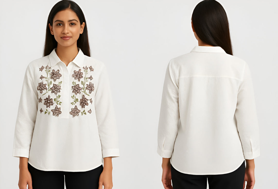 White Floral Embroidered Shirt – Long Sleeves, Casual & Formal Wear